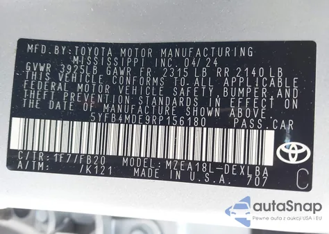 2024 Toyota Corolla Le из США, поврежденный, VIN 5YFB4MDE9RP156180